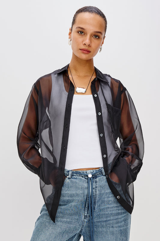 sheer polyester black shirt with chest pocket and long sleeves model shot