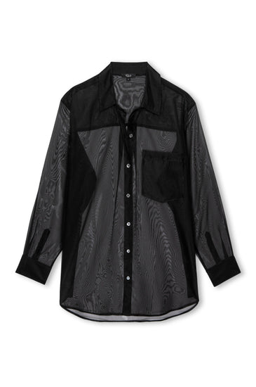 sheer polyester black shirt with chest pocket and long sleeves