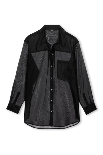 sheer polyester black shirt with chest pocket and long sleeves