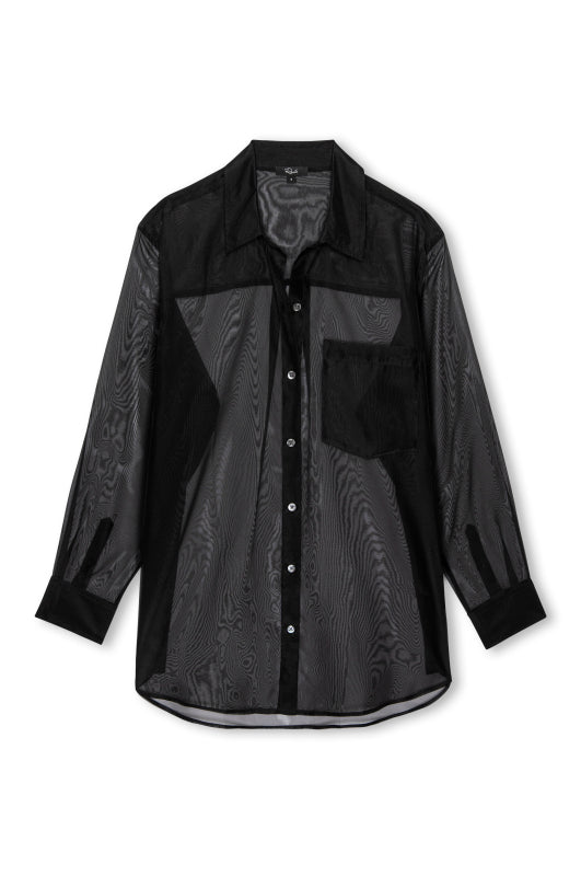 sheer polyester black shirt with chest pocket and long sleeves