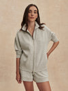 light grey marl double zip sweater with piping from varley  model shot