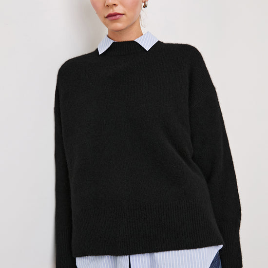 round neck black cashmere jumper with rib detailing model shot