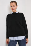 round neck black cashmere jumper with rib detailing model shot