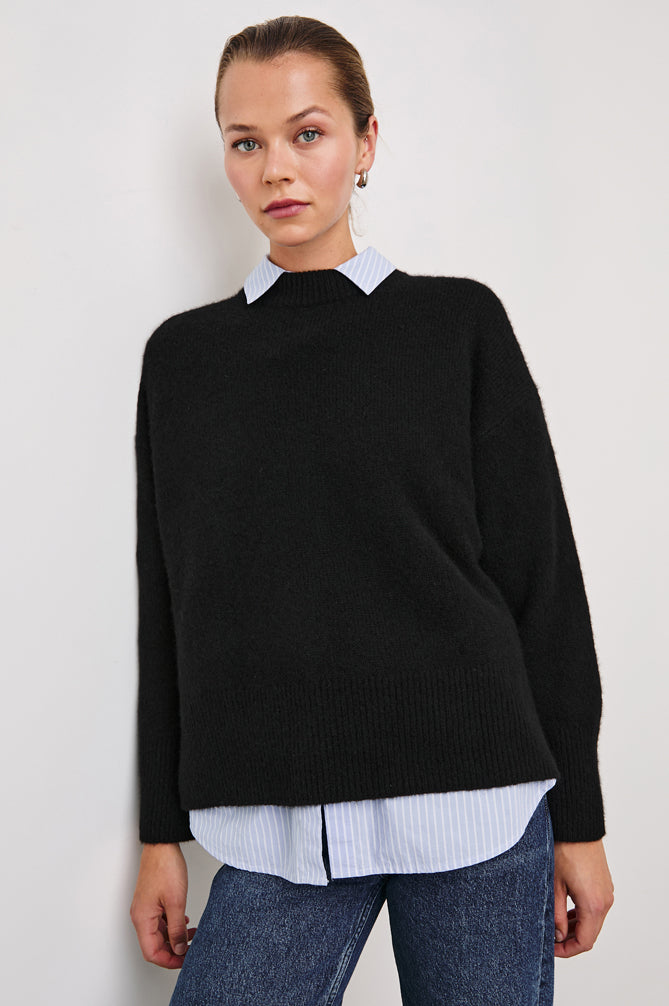 round neck black cashmere jumper with rib detailing model shot