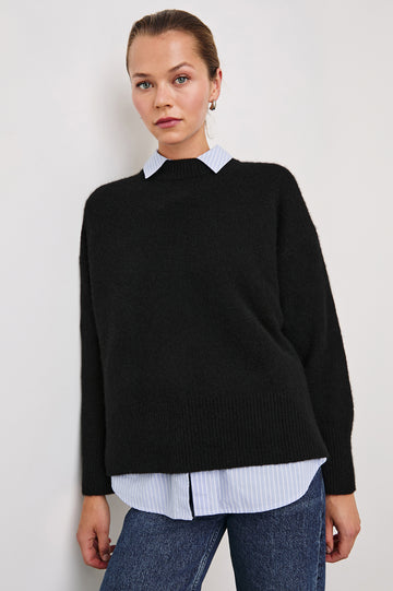 round neck black cashmere jumper with rib detailing model shot