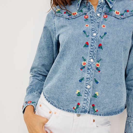light blue denim shirt with floral embroidery from rails model