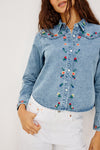light blue denim shirt with floral embroidery from rails model