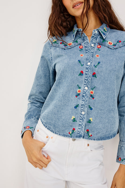 light blue denim shirt with floral embroidery from rails model