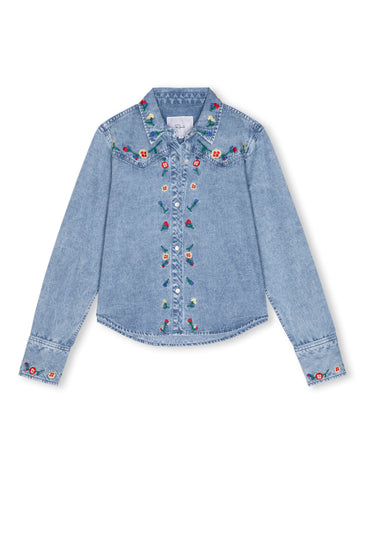 light blue denim shirt with floral embroidery from rails