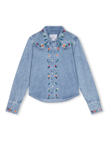 light blue denim shirt with floral embroidery from rails