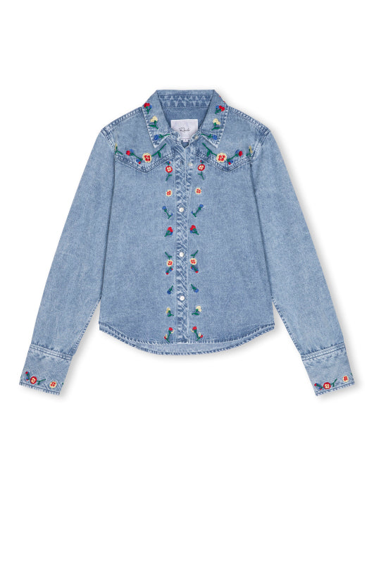 light blue denim shirt with floral embroidery from rails