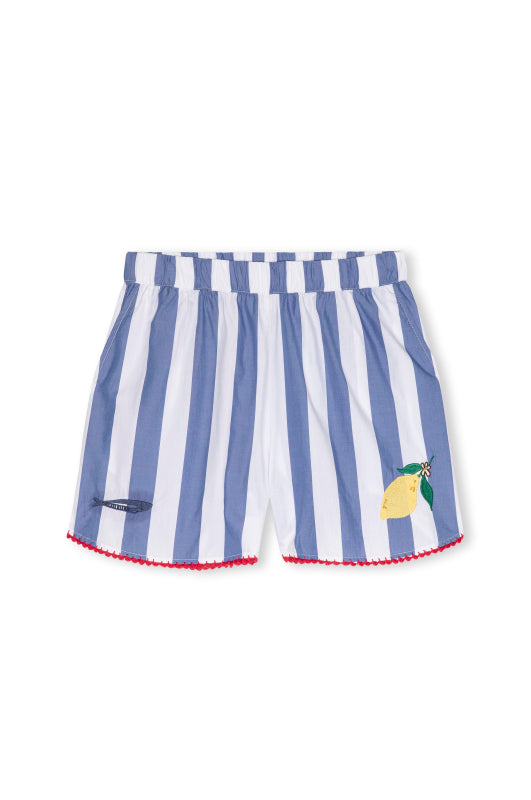 wide blue stripe elasticated waist short with embroidered lemon and fish from rails