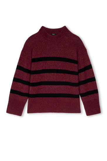 round neck burgundy cashmere jumper with black stripes