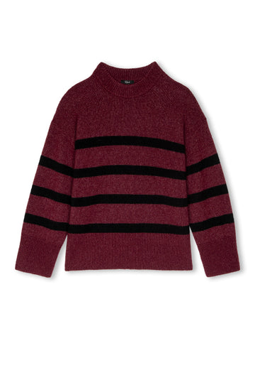 round neck burgundy cashmere jumper with black stripes