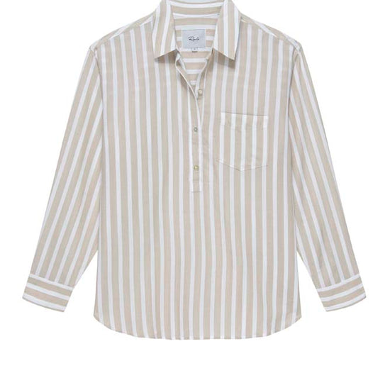 Ecru and blue striped shirt with notch neck tie detail and short sleeves