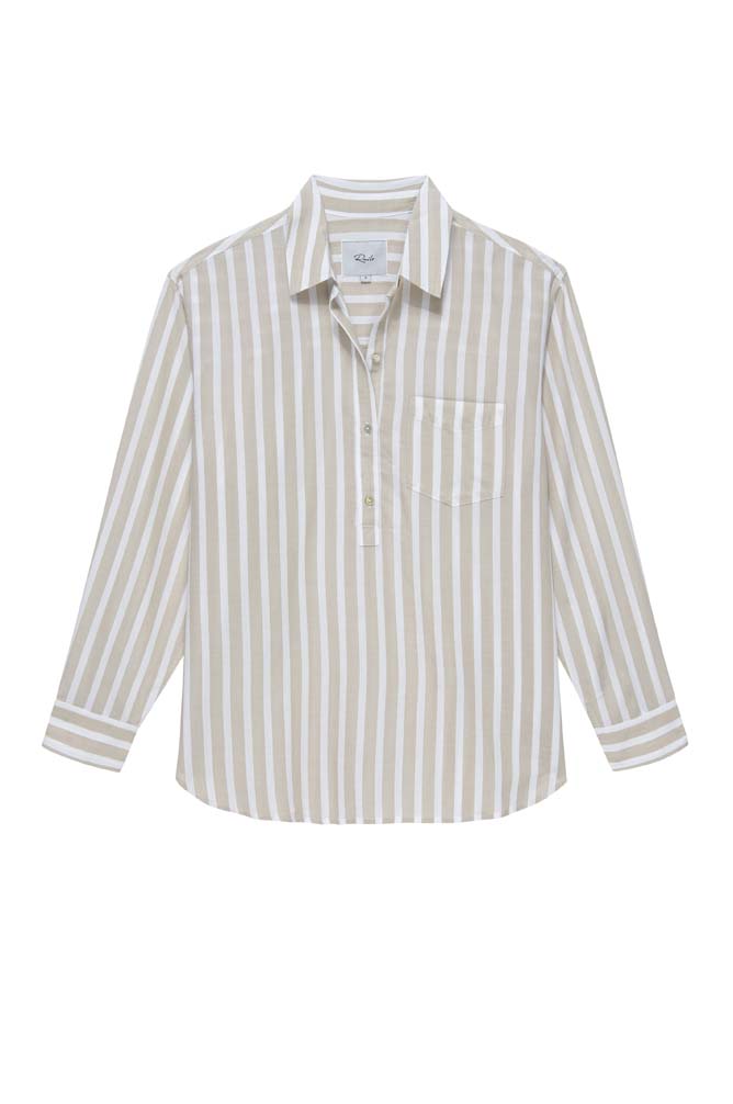 Ecru and blue striped shirt with notch neck tie detail and short sleeves