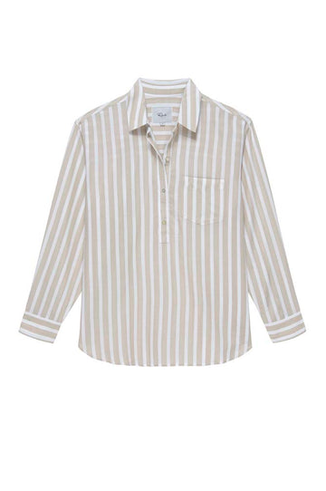 Ecru and blue striped shirt with notch neck tie detail and short sleeves