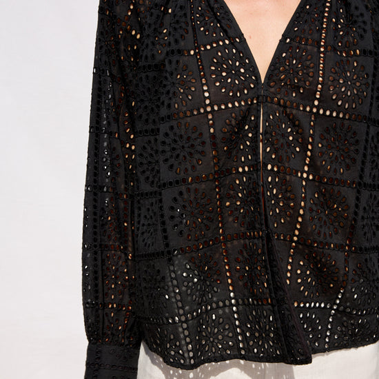 v neck black grid blouse from rails close up