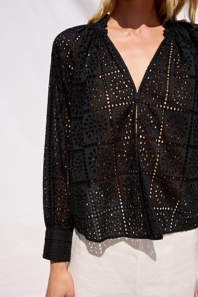 v neck black grid blouse from rails close up