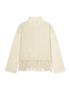 high neck ivory wool jumper with fringe along the hemline 
