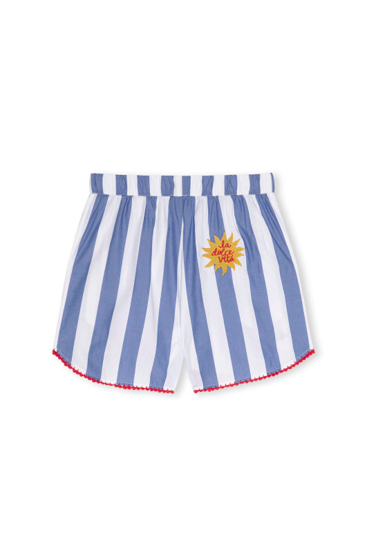 wide blue stripe elasticated waist short with embroidered lemon and fish from rails rear