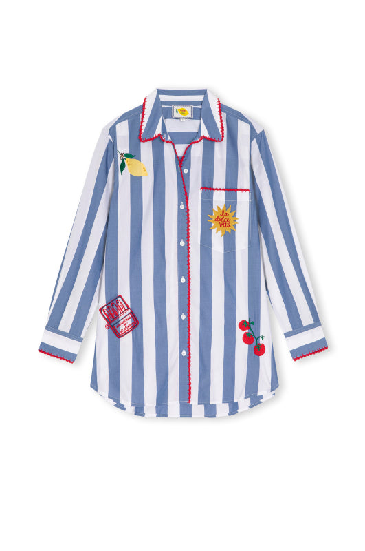 blue wide striped shirt with embroidered sun, lemon, fish and tomatoes, italian inspired from rails