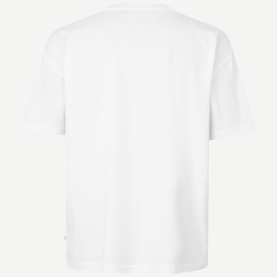 white t-shirt with crew ribbed neck, short sleeves and samsoe samsoe logo  label on side seam  rear view 