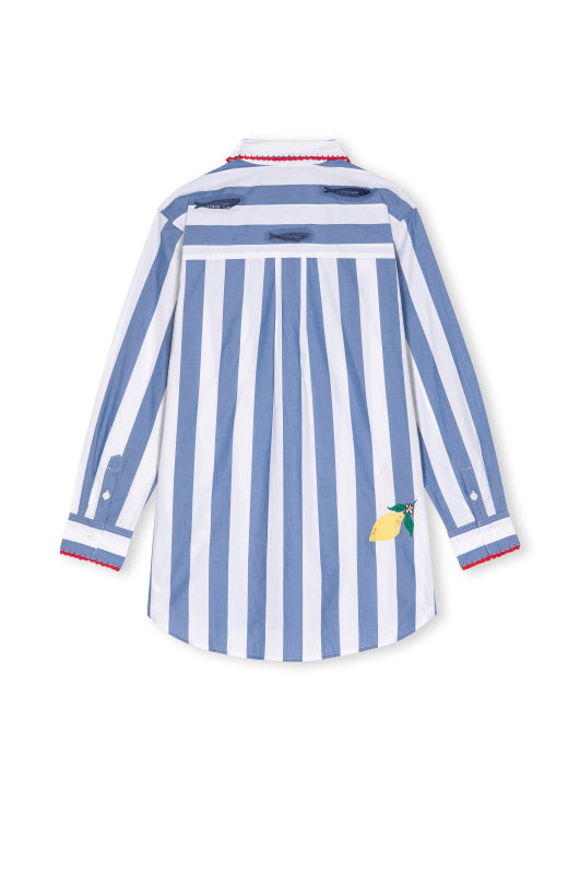 blue wide striped shirt with embroidered sun, lemon, fish and tomatoes, italian inspired from rails rear view