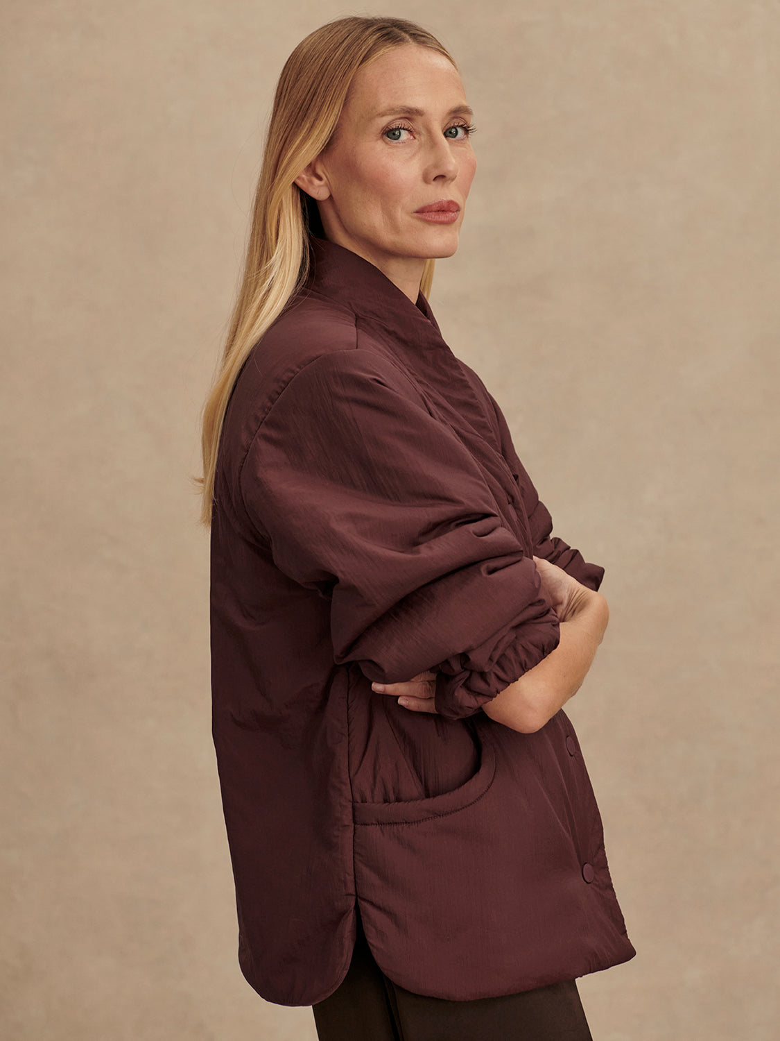 Chocolate brown padded jacket with popper buttons side view 