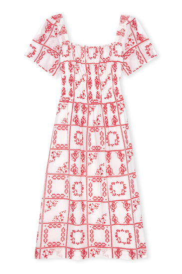 square neck white midi dress with short sleeves and red tile print from rails