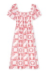 square neck white midi dress with short sleeves and red tile print from rails