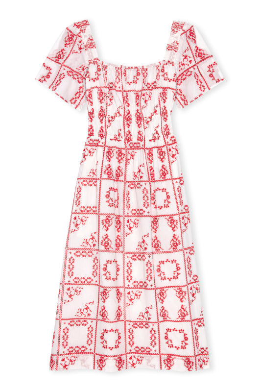 square neck white midi dress with short sleeves and red tile print from rails
