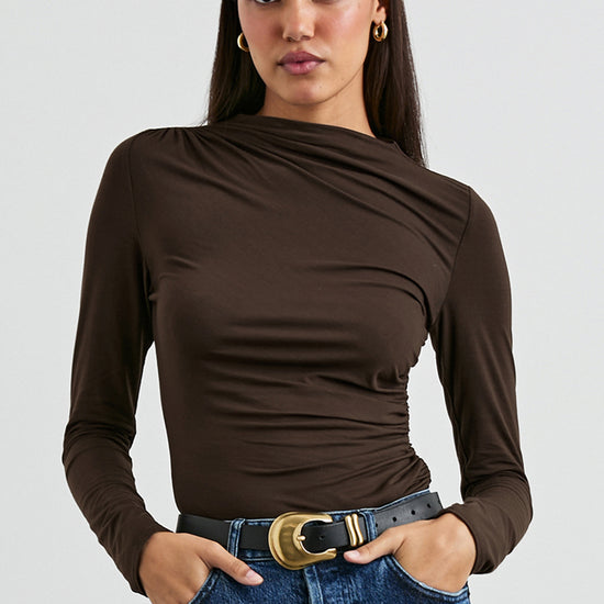 brown bodycon top with high neck, rouche detailing and long sleeves model shot