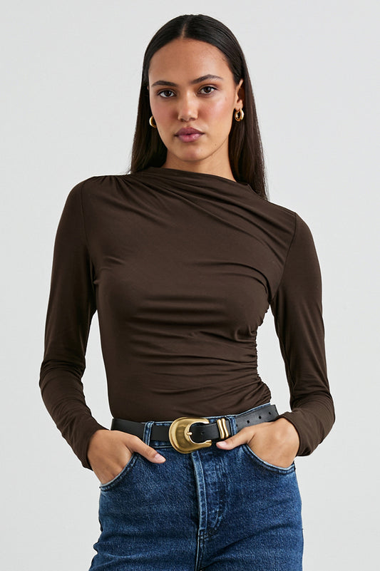 brown bodycon top with high neck, rouche detailing and long sleeves model shot