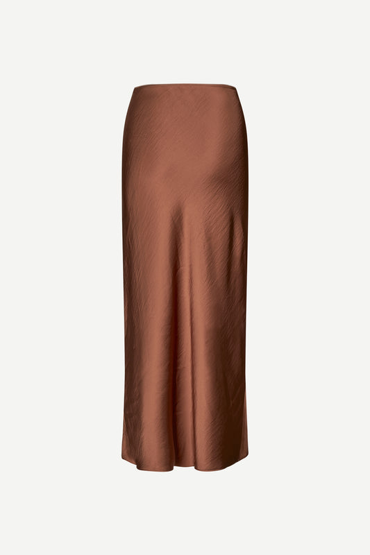 light brown long bias cut satin skirt from samsoe samsoe rear view