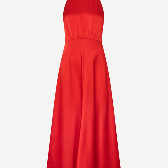 red halterneck dress with open back and a tie and mid length from samsoe samsoe