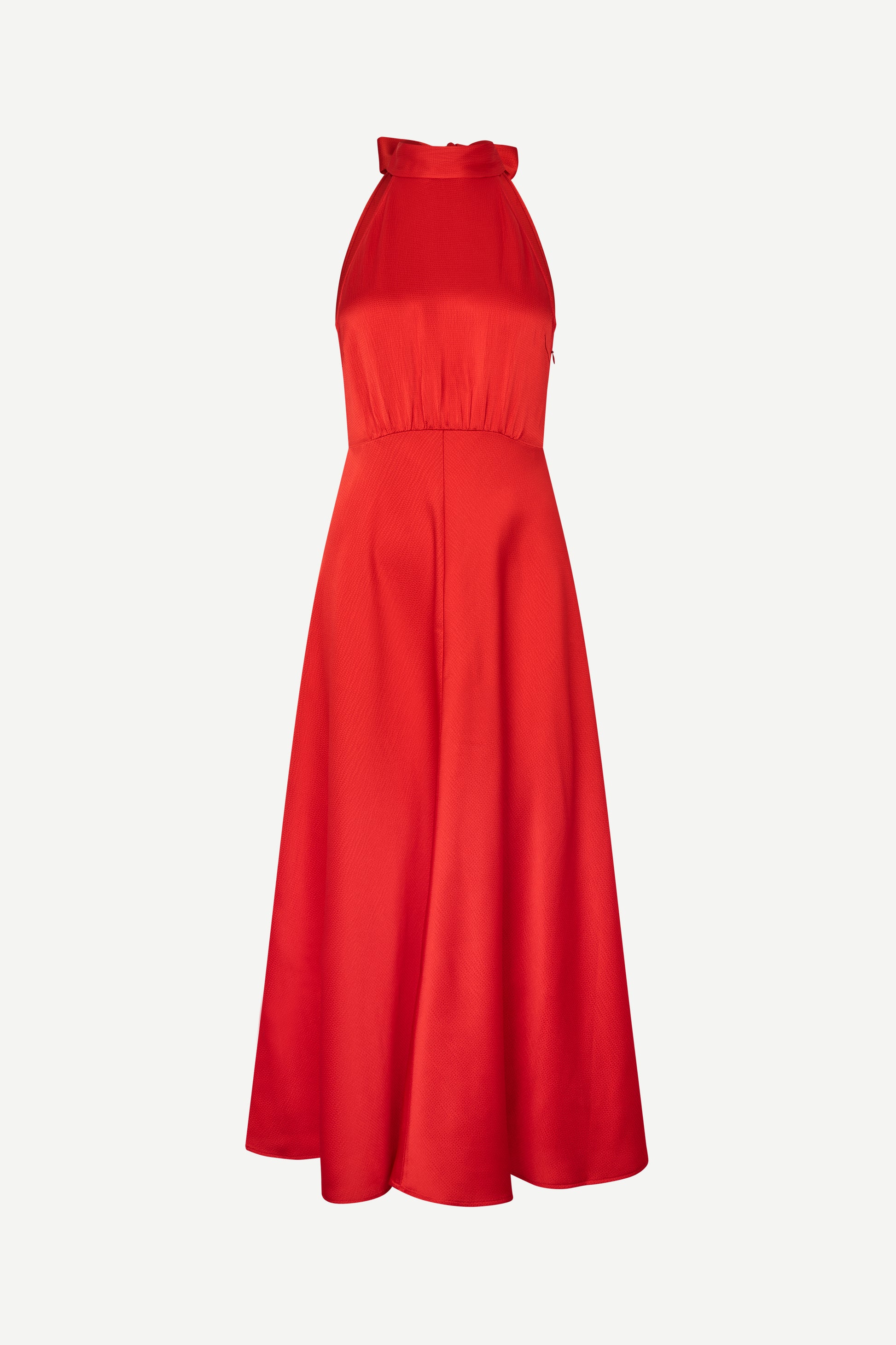 red halterneck dress with open back and a tie and mid length from samsoe samsoe