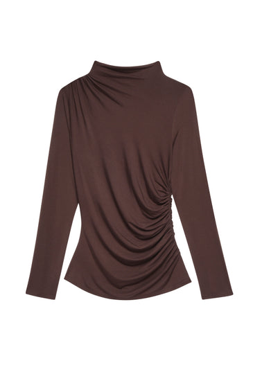 brown bodycon top with high neck, rouche detailing and long sleeves