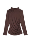 brown bodycon top with high neck, rouche detailing and long sleeves