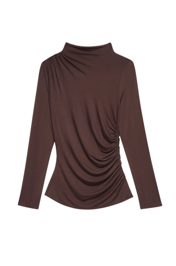 brown bodycon top with high neck, rouche detailing and long sleeves