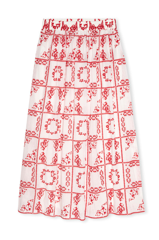 mid length white skirt with elasticated waist and red tile print from rails