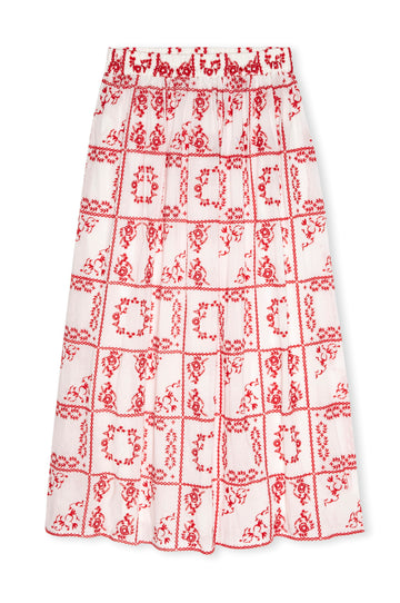 mid length white skirt with elasticated waist and red tile print from rails