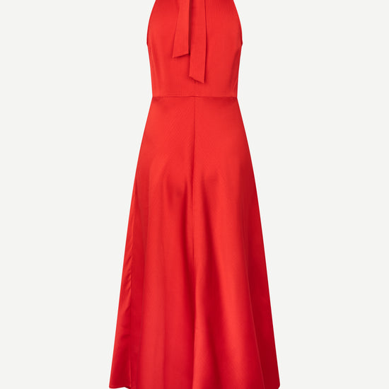 red halterneck dress with open back and a tie and mid length from samsoe samsoe rear view