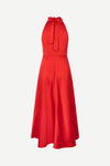 red halterneck dress with open back and a tie and mid length from samsoe samsoe rear view