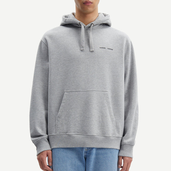 grey hoodie with samsoe samsoe chest logo, drawstring hood and kangaroo style front pocket