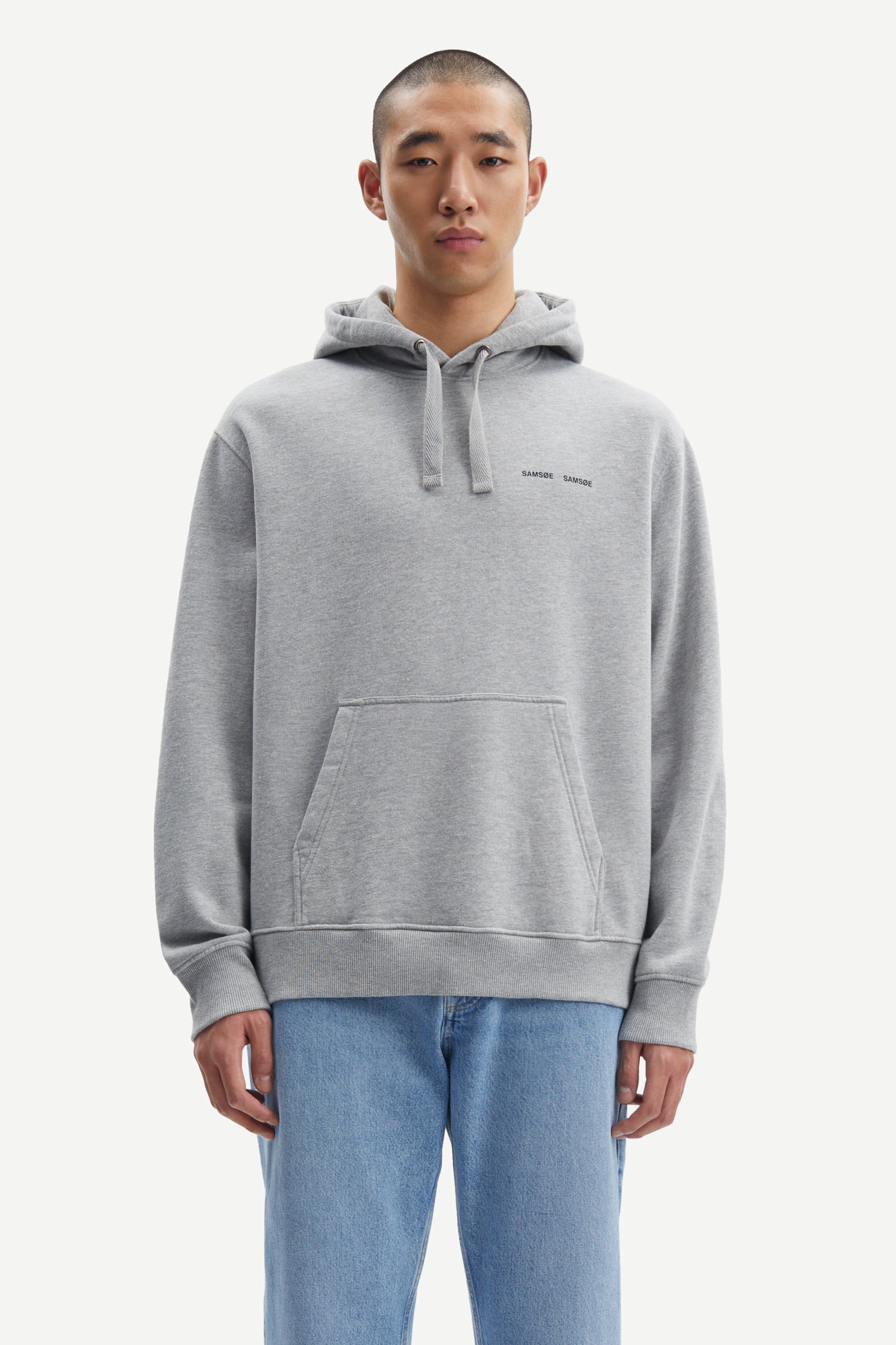 grey hoodie with samsoe samsoe chest logo, drawstring hood and kangaroo style front pocket