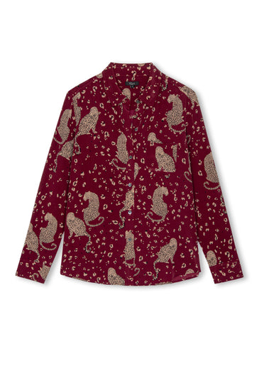 burgundy silk shirt with leopards