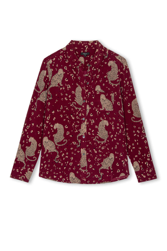 burgundy silk shirt with leopards
