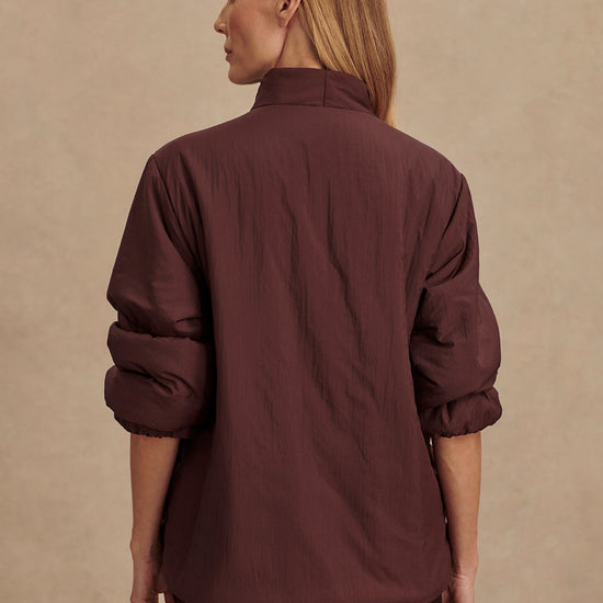 Chocolate brown padded jacket with popper buttons rear view 