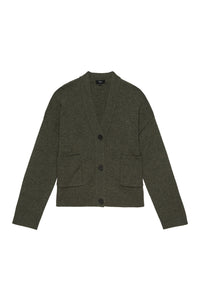 Moss green V neck cardigan with ribbed cuffs hem and collar and plastic button fastening with two patch pockets